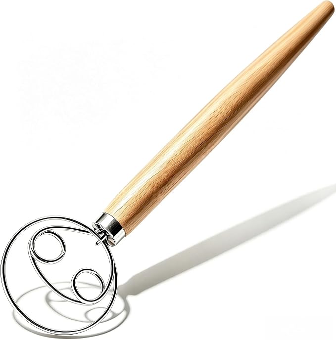 Maxjoy Danish Dough Whisk Stainless Steel Wood Handle for Sourdough Bread | 2-Eye No-Clump Dutch Whisk, Food-Safe Steel Head, Non-Slip Wood Grip, Hand Dough Mixer, Dishwasher Safe, for Sourdough Baking