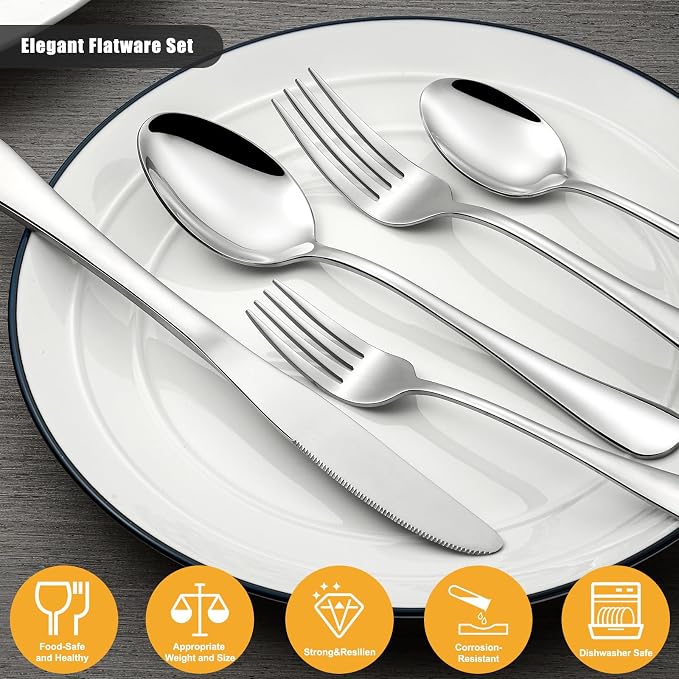 Compralo Silverware Set for 12, Stainless Steel 60 Piece Flatware Set | Mirror Polished Cutlery Set Include Knife Fork and Spoon for Home Kitchen Restaurant Party, Dishwasher Safe