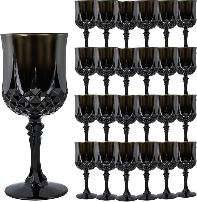 24Pack Plastic Wine Glasses, 7oz Vintage Goblets for Wedding | Unbreakable Crystal Style Reusable Stemware, Elegant Black Drinking Glass for Party Anniversary & Holiday Celebration