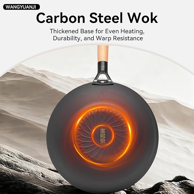 WANGYUANJI 11.8" High Purity Iron Wok Pan,Flat Bottom Stir Fry Pan for Electric,Induction & Gas Stoves,No Chemical Coating Carbon Steel Alternative,Traditional Hand-Hammered Skillet for Cooking