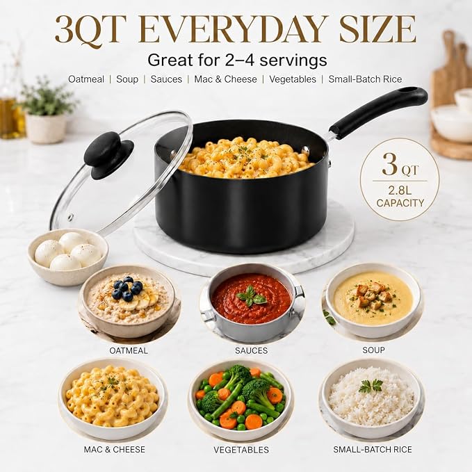 MICHELANGELO Nonstick Saucepan with Lid, Ceramic Sauce Pan Sets, Easy to Clean Sauce Pans, Multi-Purpose Cooking Pots, 3QT, Black