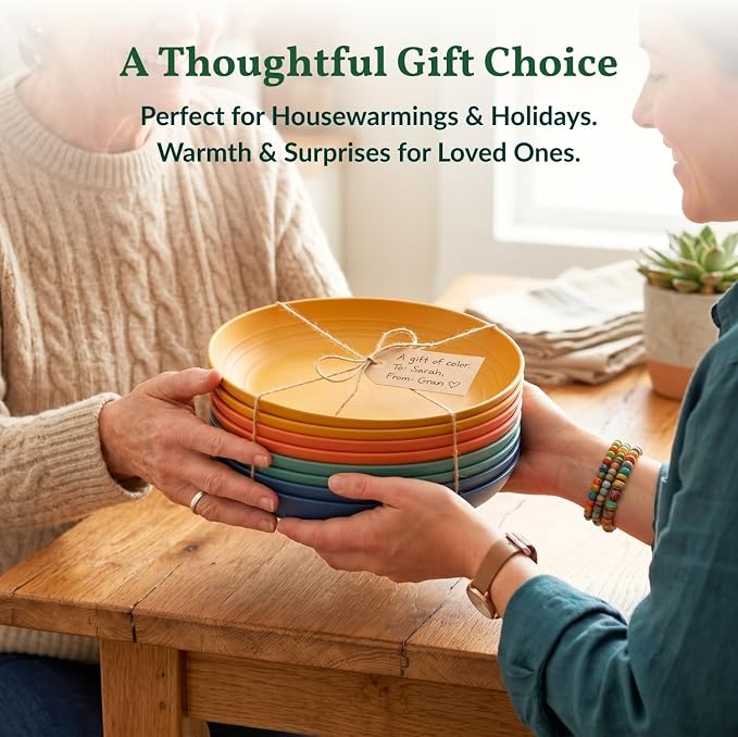 Deep Dessert Plates Unbreakable Wheat Straw Dinner Plates 8 PCS Microwave & Dishwasher Safe Plates Sets for Kitchen, Camping, Reusable Plastic Plates for Kids, Appetizer (Colorful, 8 inch)