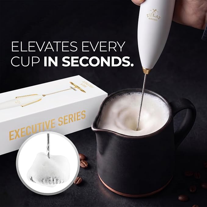 Zulay Kitchen Powerful Milk Frother Wand With Duracell Batteries - Ultra Fast Handheld Drink Mixer - Electric Whisk Foam Maker for Coffee, Lattes, Cappuccino & Matcha - Z1 Motor - Exec White Gold