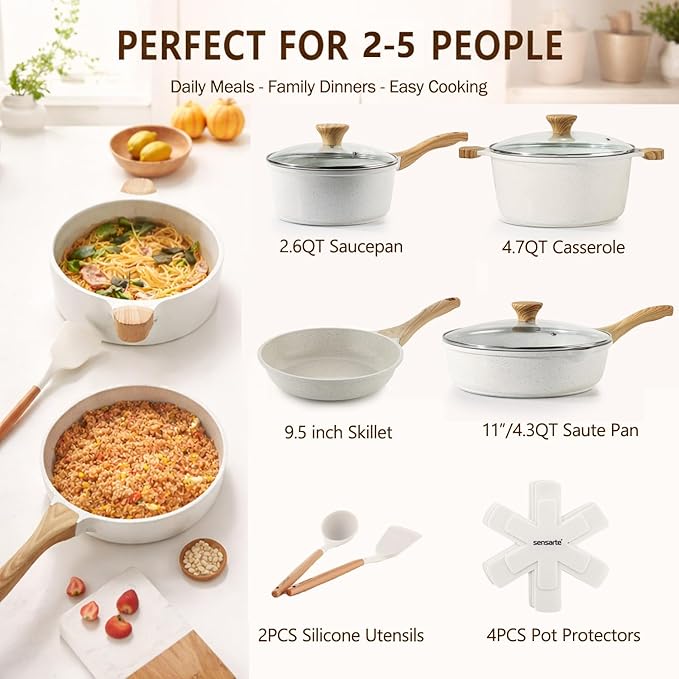 SENSARTE Nonstick Ceramic Cookware Set, 13-pcs Non-toxic Pots and Pans Set | Healthy Kitchen Cooking Set with Stay-Cool Handles, Silicone Tools and Pot Protectors, PFAS Free