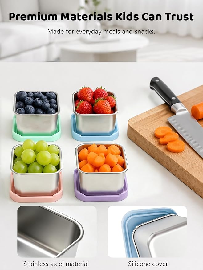 HTEVW 6 Pack Stainless Steel Snack Containers for Kids, 6 oz Food Container | Reusable leak resistant silicone lids food containers . Perfect for school lunch, daycare, travel and portion control.