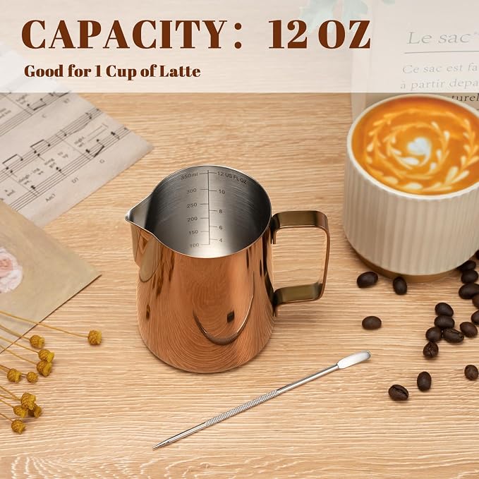 Amrules Milk Frothing Pitcher 12oz Frother Cup Barista Tools, Rose Gold | 18/8 Stainless Steel, 12oz Capacity with Clear Scale, with Decorating Pen, Ergonomic Handle, for Cappuccino, Latte & Espresso