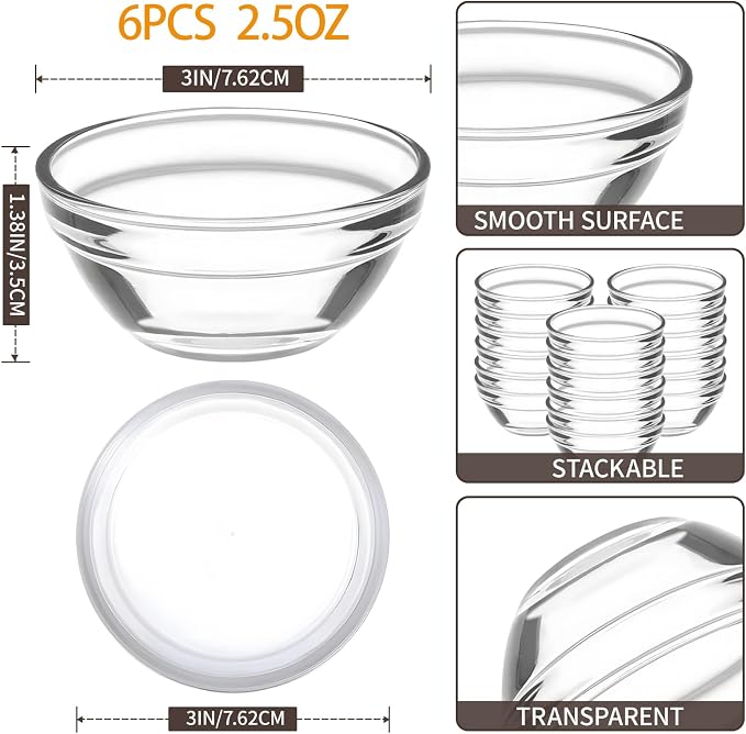6 Pack Mini 3 Inch Small Glass Bowls with 12 Pack Lids | 2.5 oz Clear Glass Pinch Bowls, Condiment Containers, for Dips, spices, jams, Meal Prep Bowls