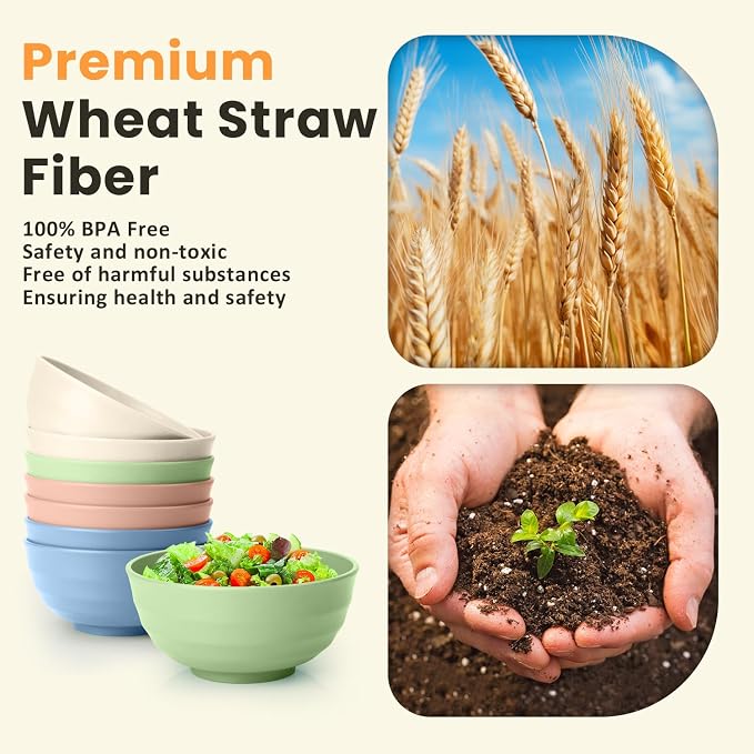 Large Wheat Straw Bowls 60oz Light Color Bowl Set of 8 - The Ultimate All-in-One Set for Salad, Soup, Cereal & Oatmeal, Microwave Safe & Unbreakable