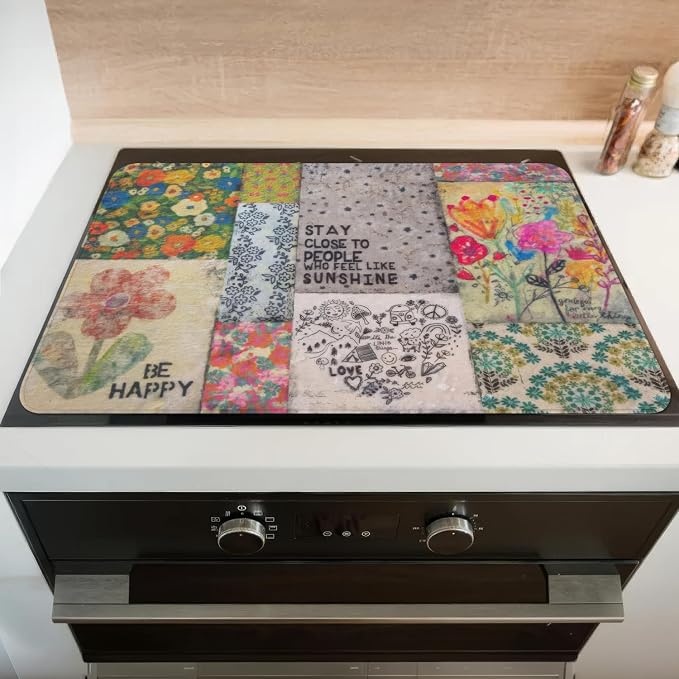 Boho Glass Stove Top Cover for Electric Stoves,Flower Floral Farmhouse Stove Top Cover for Kitchen Decor,Heat Resistant Cooktop Protector Mat,Non-Slip Washable Dish Drying Mat 28"x20"