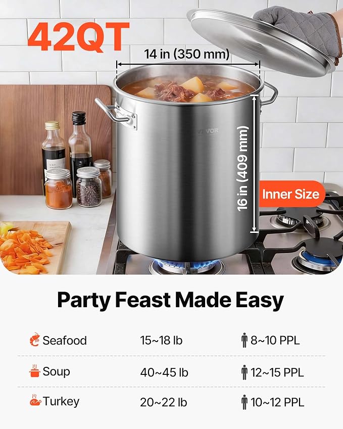 VEVOR Stainless Steel Stockpot, 42 Quart Large Cooking Pots, Cookware Sauce Pot with Strainer, Lid, and Handle, Heavy Duty Commercial Grade Stock Pot, Sanding Treatment, for Large Groups Events Silver