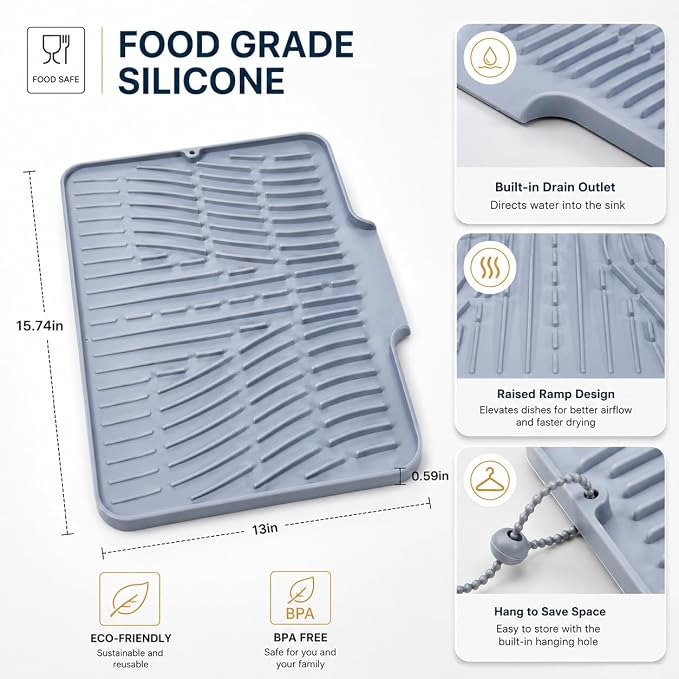 Silicone Dish Drying Mat with Drain Lip, 15.8 x 13 in, Gray | Raised ridges elevate dishes and create space for water to move across the silicone surface.