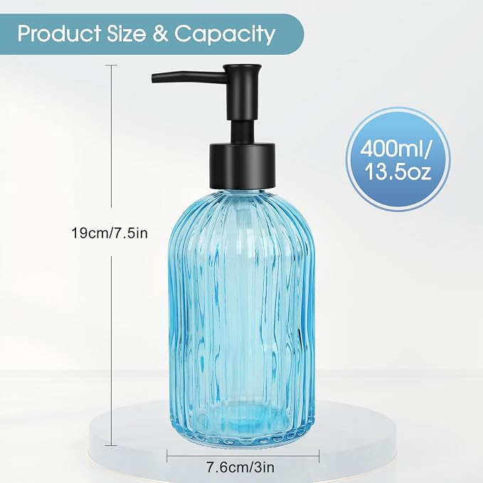 Topsky Stripe Glass Soap Dispenser with Black Plastic Pump, 400ml Liquid Hand Soap Dispenser, Rustproof Pump for Kitchen & Bathroom, Great for Lotions, Essential Oil, Liquid Soaps- (Light Blue)