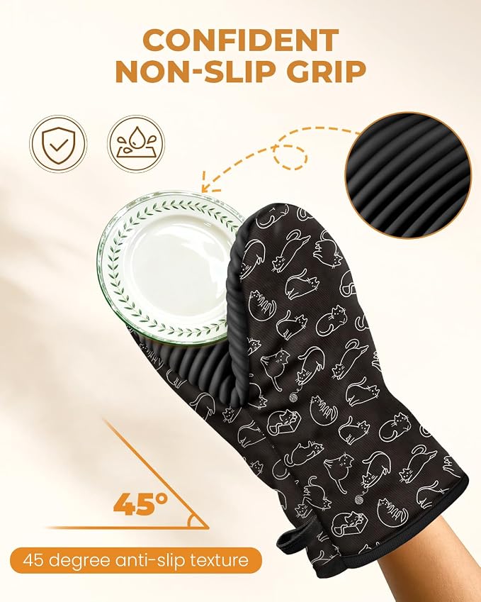 100% Thick Cotton Oven Mitts Ribbed Soft Silicone Cute Cats | Aesthetic Oven Mitts for Women, Machine Washable Non-Slip Kitchen Mitts, Reversible for Both Hands, Stylish Kitchen Decor