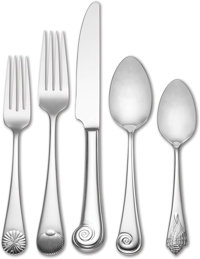 Reed & Barton Seashell 5Pc Flatware Place Setting, 5 Piece, Silver | silver, dishwasher safe | includes knives, forks, and spoons | heavy duty, cutlery set for kitchen and dining, utensil set