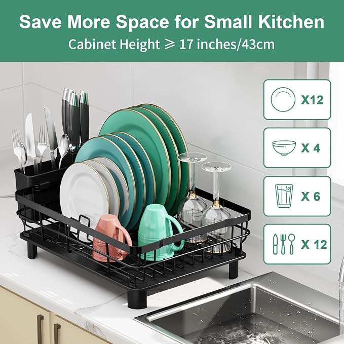 MOUKABAL Dish Drying Rack with Drainboard for Kitchen Counter, Black | 13×17 Large Capacity/Rustproof Stainless Steel/Fast Drainage Dish Drainer/Removable Utensil Holder/Kitchen Counter Organizer
