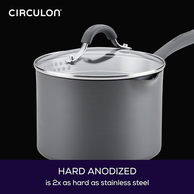 Circulon Radiance Hard-Anodized Nonstick Saucepan with Lid, 3-Quart | Straining lid for easy draining, durable hard-anodized nonstick construction for everyday cooking, in Gray