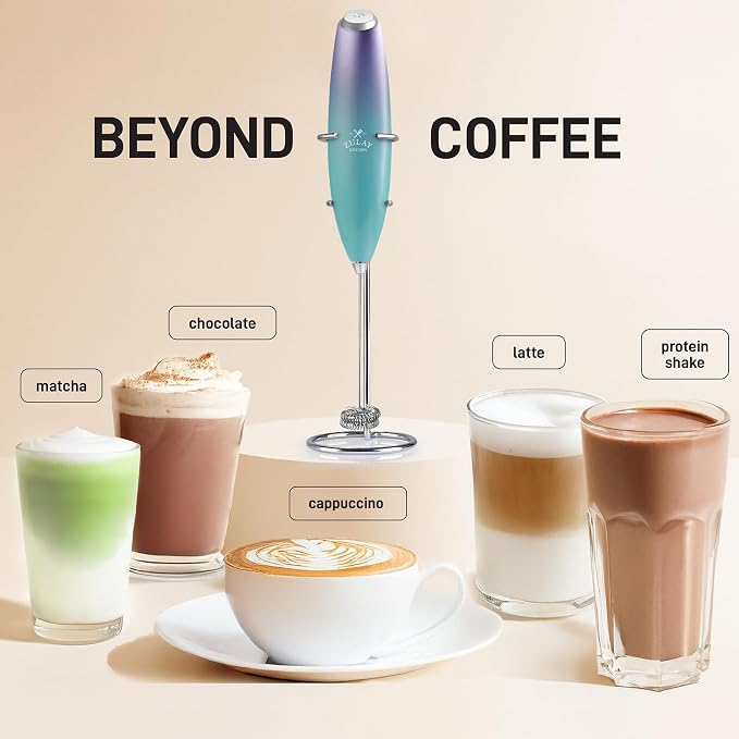 Zulay Kitchen Powerful Milk Frother Wand With Duracell Batteries - Ultra Fast Handheld Drink Mixer - Electric Whisk Foam Maker for Coffee, Lattes, Cappuccino & Matcha - Double Whisk - Purple Teal Fade