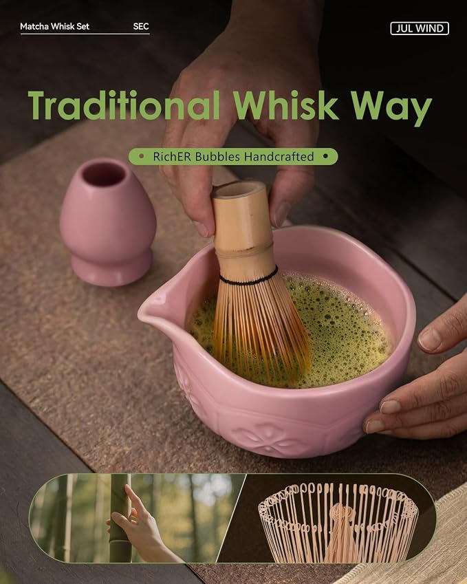 Matcha Whisk Set, Ceramic Matcha Set Includes Matcha Bowl and Matcha Whisk | Holder, Spout, Bamboo Scoop, Sifter and Tea Towel - 6 Pcs Matcha Kit Gift for Matcha Lovers Beginners
