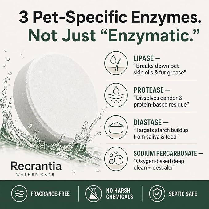 Washing Machine Cleaner Tablets for Pet Owners - 30 Count Enzyme Pet Hair Buildup Cleaner - Odor and Residue Remover Front Top Load HE Washer Tub - Fragrance-free