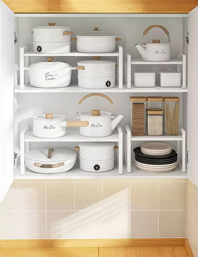 2 Pack Expandable Cabinet Shelf Organizer Riser for Kitchen Pantry Cupboard Under Sink Countertop (2 pack 8.2’’D * 12.2-21.6’’W * 10.4’’H) (white)
