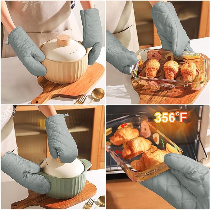 AUAUY Grey Oven Mitts, 1 Pair Kitchen Mittens, 392°F Heat Resistant | Oven Gloves Non-Slip Kitchen Gloves for Oven, BBQ Gloves-Oven Mitts Infill Cotton Cooking Gloves for Oven Grilling Baking