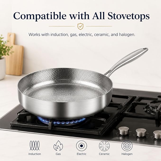 Titanium Hammered Pan Pro with Lid, Multifunctional Ultra-Durable Scratch-Resistant Non Stick, Even Heating for Cooking, Titaniums Nutri Pans Compatible with All Cooktops,9.44in
