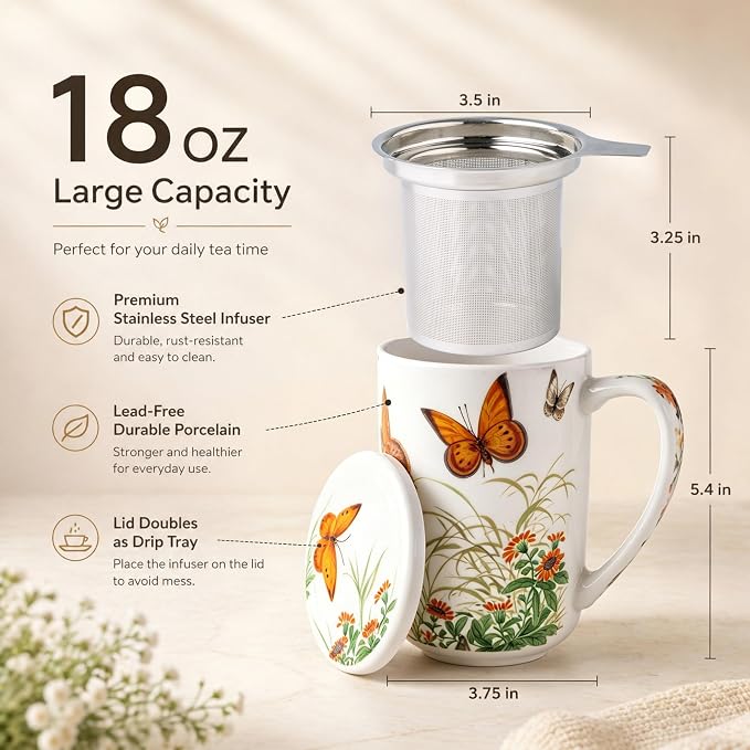 AmorArc Tea Cup With Infuser and Lid, 18oz Loose Leaf Tea Mug With Steeper | Porcelain Tea Mug With Infuser and Lid, Large Strainer Tea Cup with Lid for Tea, Coffee Mug for House-warming Birthday Gift