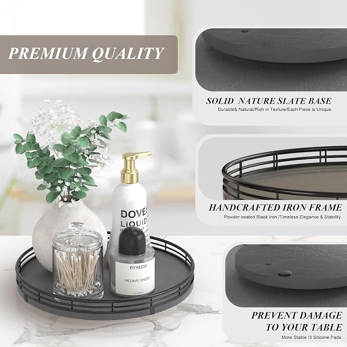 AMH10-Inch Natural Slate Lazy Susan with Black Raised Iron Rim | Smooth rotating oak tray with walnut finish for dining tables, kitchen counters, pantries and cabinet storage.