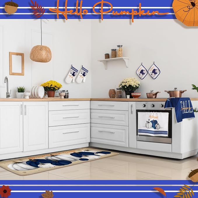 Fanfanwin 10 Pcs Fall Pumpkin Kitchen Decor Set Blue White Pumpkin Kitchen Rugs Towels Pot Holders Oven Mitts for Thanksgiving Autumn Baking Cooking Home Gift