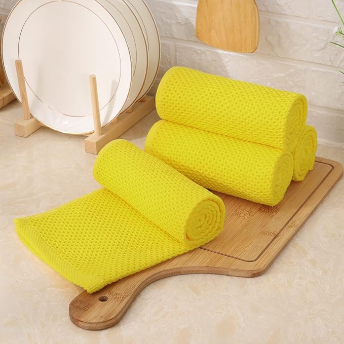 Kitinjoy 100% Cotton Waffle 4-Pack Kitchen Towels, 13" x 28", Yellow | Super Soft, Ultra-Absorbent, Fast Drying, lightweight, Quick Drying Kitchen Hand Towels