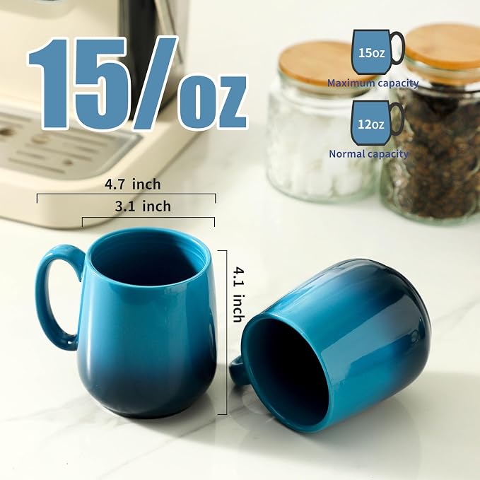 HASENSE 15oz Large Ceramic Mug Set, 4-Piece Blue Ombre Coffee Cups with Handle – Microwave & Dishwasher Safe for Cappuccino Latte Tea, Housewarming Present