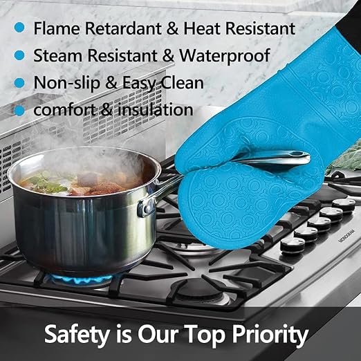 Silicone Oven Mitts and Pot Holders Set, MTZRFLL Extra Long Heat Resistant Oven Gloves with Hot Pads and Mini Oven Mittens for Grilling, Kitchen Cooking Baking, Soft Quilted Lining, Pack of 6 (Blue) | 500°F heat resistant, cotton lining, honeycomb non-...