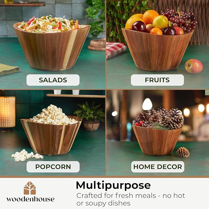 Wooden Salad Bowl Set of 3, Wavy 12" 10" 8" Wood Serving & Mixing Bowls | Handmade and durable with a stylish natural grain; nesting large, medium and small sizes; great for food, fruit and gifts