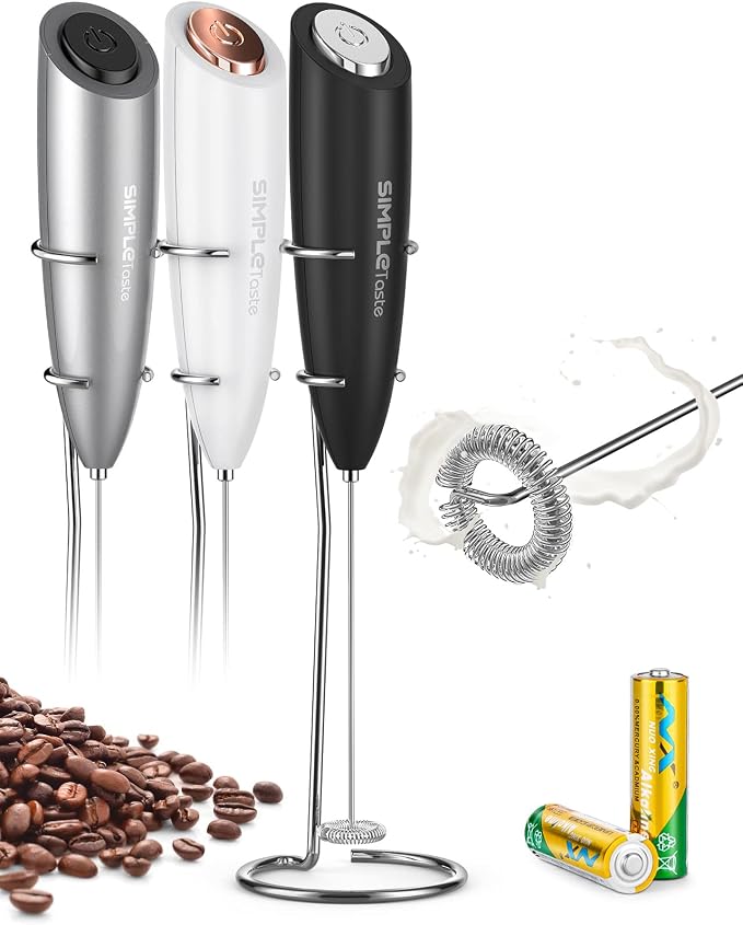 SIMPLETASTE Milk Frother Handheld Electric Foam Maker Battery Operated | Drink Mixer with Stainless Steel Whisk for Cappuccino, Bulletproof Coffee, Latte, Black, with Stand