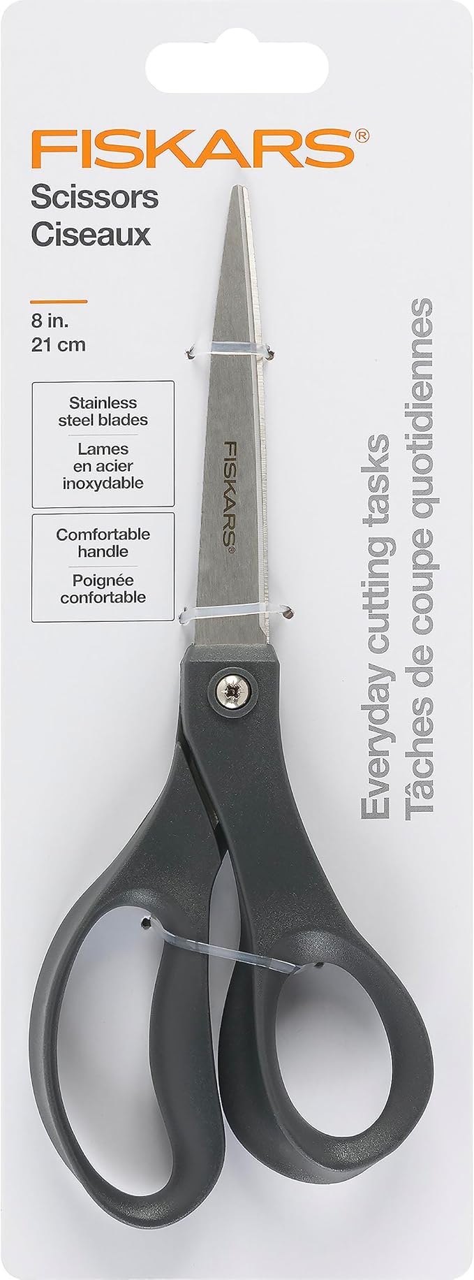 Fiskars 8" Everyday Stainless Steel All Purpose Scissors, Grey | Home & Office Scissors for Paper, Cardboard & Photos, Durable Stainless Steel Blades, Ergonomic Handles for Daily Tasks
