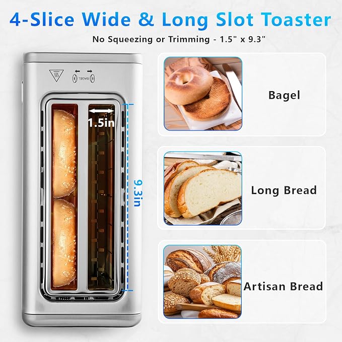 SAKAMOSH 4 Slice Long Slot Touch Screen Toaster, Stainless Steel | Wide Slots Fit Thick Bread & Bagels, 6 Browning Levels, Defrost & Reheat, Removable Crumb Tray, Great for Family Breakfast