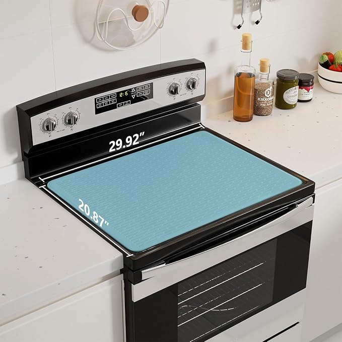 Stove Top Cover for Electric Stove - Food Grade Ceramic Stove top Cover, Silicone XXL Dish Drying Mat, Glass Cooktop Covers, Flat RV Range top Mats (Blue,30x21)
