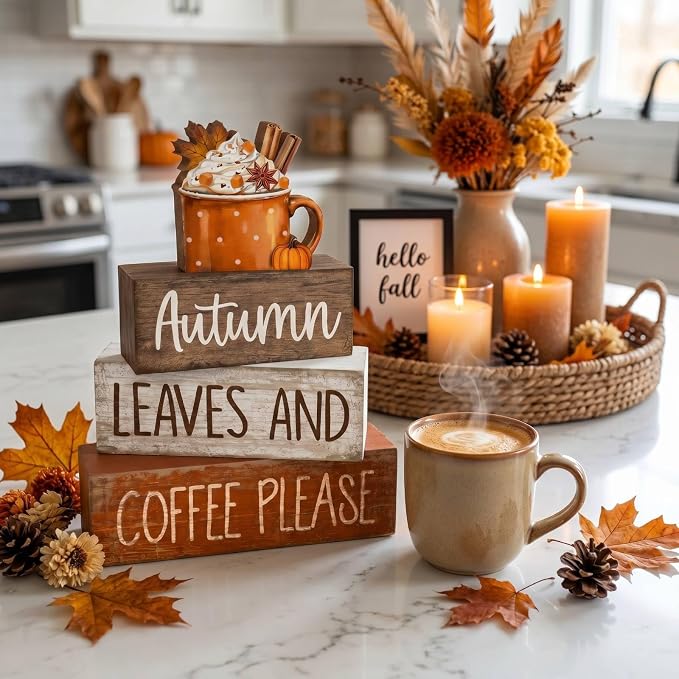 Lineshading 4 Pcs Fall Coffee Wooden Block Signs Tiered Tray Decor Autumn | Rustic Tabletop Decor for Kitchen Coffee Corner, Stackable Wooden Blocks with Autumn Leaves, Farmhouse Style Home Accent Gift