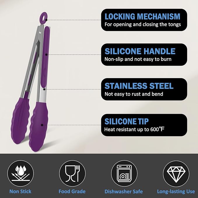 Kitchen Tongs, Stainless Steel Cooking Tongs with Silicone Tips, 600ºF High Heat-Resistant Non Scratch Locking Tongs for Cooking BBQ Grilling Air Fryer Pans, Set of 3 (7" 9" and 12") Purple