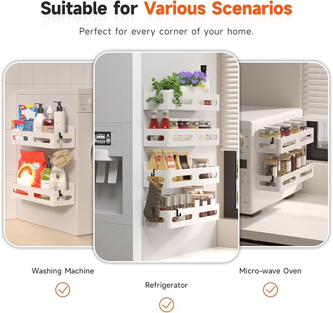 2-Pack Magnetic Spice Rack for Refrigerator with Hooks, White | Strong multipurpose magnetic shelf for kitchen & bathroom organization. Includes 4 removable hooks for hanging items.