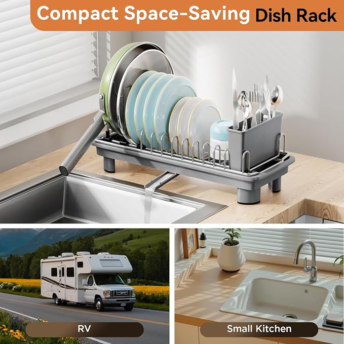 Laveshop Small Dish Drying Rack, Compact Dish Drainer for Kitchen Counter, with Adjustable Back Slots, Space-Saving for Small Kitchens, Gray