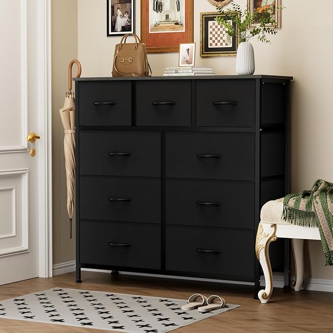 Sweetcrispy 9-Drawer Fabric Dresser Storage Tower with Wood Top, Black | Sturdy Steel Frame with Wood-top, Easy-pull Handle, Space-Saving Organizer Chest for Bedroom, Closet, Lightweight and Stable