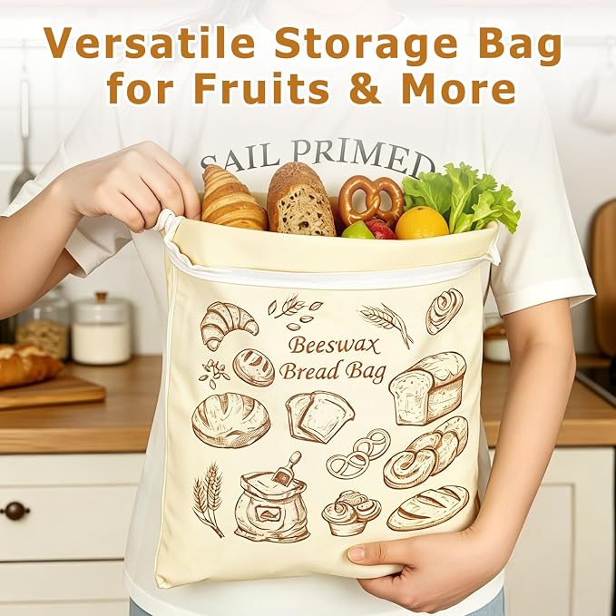 2 Pack Reusable Cotton Sourdough Beeswax Bread Bags with Wide Zipper, Beige | XL(13.3x16.9in) Portable Bread Storage with Handle, Washable, Keep Fresh, Fit Homemade Sourdough Bread, Ideal for Gift-Giving