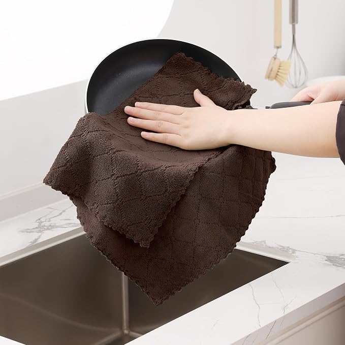 Homaxy 12 Pack Super Soft Absorbent Dish Cloths, 13" x 19", Brown | Coral Velvet, Nonstick Oil Fast Drying Microfiber Cleaning Cloth, No Lint Dishcloths for washing and drying