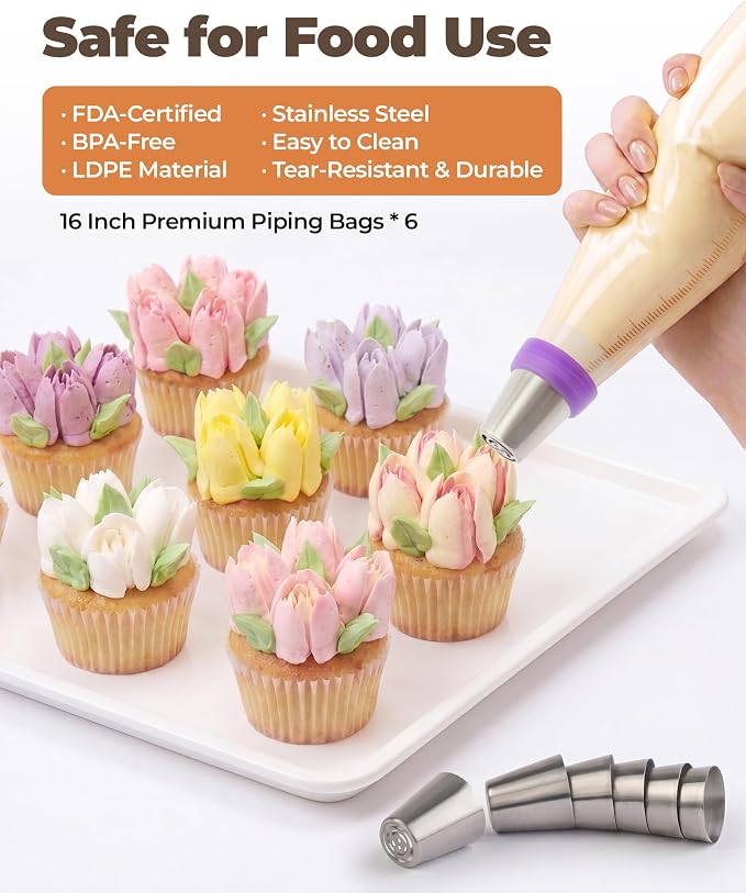 Bake Choice 46 Pcs Russian Piping Tips Set, Stainless Steel | Piping Bags and Tips Set, 6 Russian Piping Tip, 2 Leaf Piping Tip, 2 Couplers, 36 Piping Bags for Cupcake, Cookie, Baking