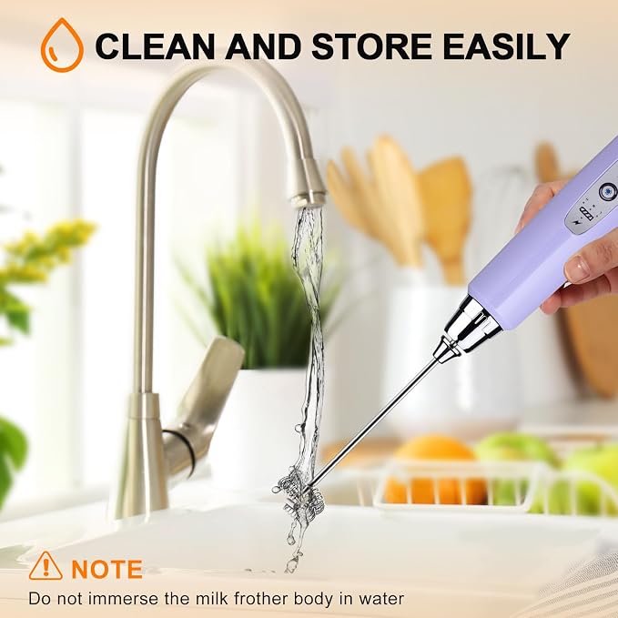 YUSWKO Handheld Milk Frother Wand for Coffee, Rechargeable Electric Whisk with 3 Heads 3 Speeds Drink Mixer Coffee Frother For Latte, Cappuccino, Hot Chocolate, Egg, Light Purple with Holder