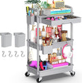 Goovilla 3 Tier Rolling Utility Cart Organizer with Removable Drawer, Grey | Stable and Sturdy Rolling Storage Carts with 2 Lockable Wheels for Bathroom, Kitchen, Snack, Craft, Makeup, Baby Essentials
