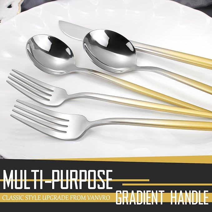 VANVRO Gradient Gold Silverware Set, 20-Piece Stainless Steel Cutlery Set, Kitchen Flatware,Utensil Set Service for 4, Include Knife/Fork/Spoon, Mirror Polished