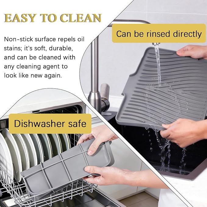 Silicone Dish Drying Mat for Kitchen Counter, Gray-1pcs, 16" x 13" | Heat Resistant & Non-Slip Dish Drain Pad with Built-In Drain, Dishwasher Safe, Quick-Dry, Hangable & Roll-Up for Storage