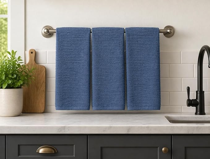 Chambray Denim Blue Kitchen Hand Dish Towels, Set of 3, 100% Cotton, 18" x 28" | Terry Loop Ribbed Textured, Soft & Absorbent Cleaning Cloth, Quick Dry, Multipurpose For Everyday Use